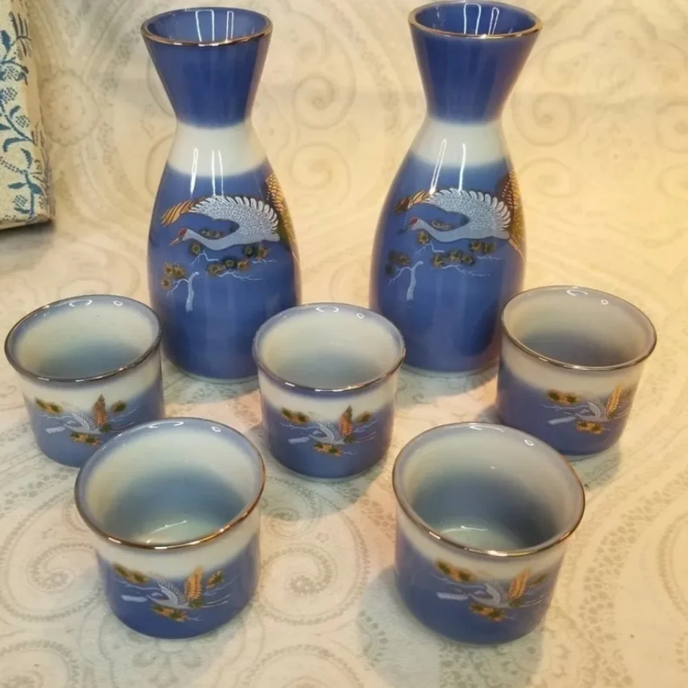 Vintage Arita Porcelain Crane Blue White Sake Set Gold Metallic Detail Japan